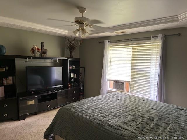 5516 Hall Glen Dr, Hope Mills, NC 28348 - bedroom featuring light colored carpet, crown molding, ceiling fan, and cooling unit