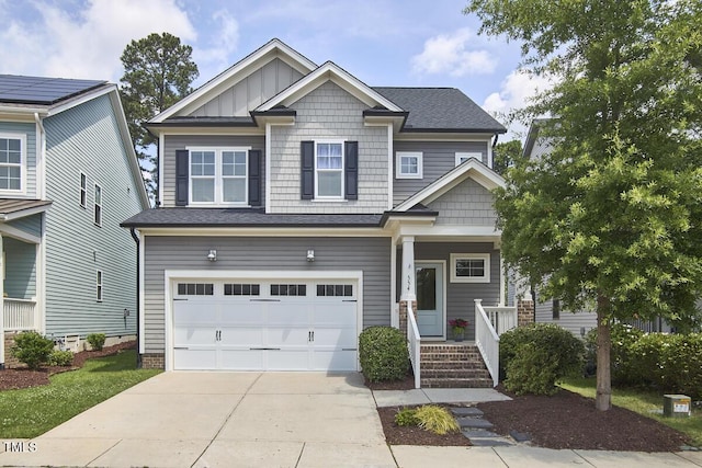 554 Beacon Ridge Blvd, Chapel Hill, NC 27516 - craftsman inspired home with driveway, an attached garage, board and batten siding, covered porch, and a shingled roof