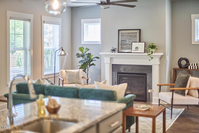 554 Beacon Ridge Blvd, Chapel Hill, NC 27516 - living room featuring wood finished floors, a glass covered fireplace, and a ceiling fan