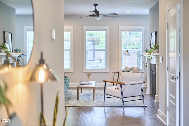 554 Beacon Ridge Blvd, Chapel Hill, NC 27516 - living area featuring a ceiling fan, dark wood-type flooring, a fireplace, and recessed lighting