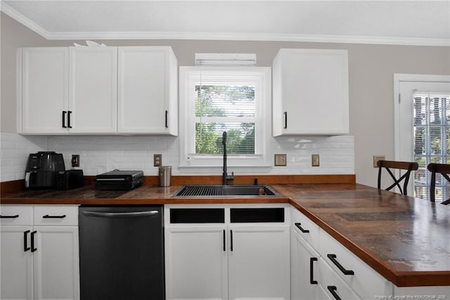 6745 Foxberry Rd, Fayetteville, NC 28314 - kitchen with dishwasher, a sink, dark countertops, ornamental molding, and white cabinets