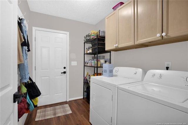 6745 Foxberry Rd, Fayetteville, NC 28314 - laundry area with washer and clothes dryer, cabinet space, dark wood finished floors, and a textured ceiling