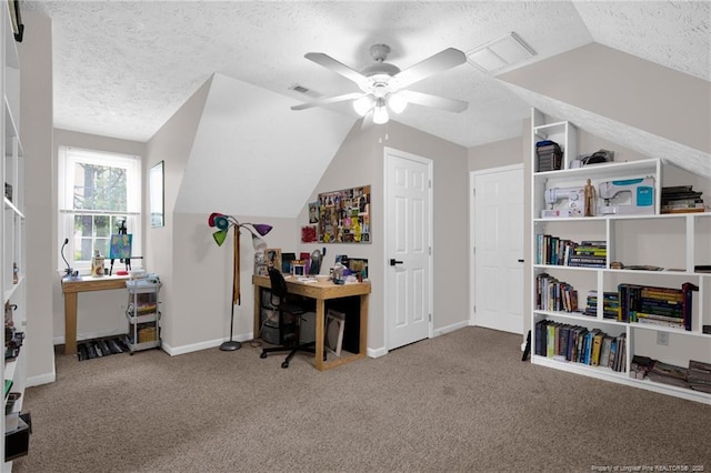 6745 Foxberry Rd, Fayetteville, NC 28314 - carpeted office featuring a textured ceiling, vaulted ceiling, ceiling fan, and baseboards