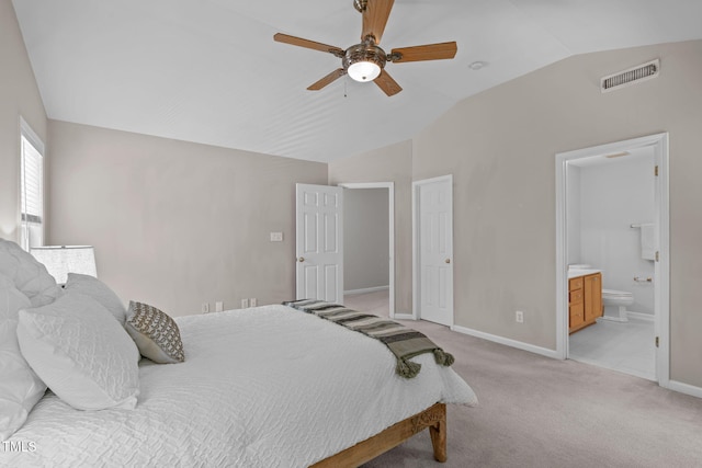 4804 Carmen Ln, Durham, NC 27707 - bedroom featuring lofted ceiling, light colored carpet, ensuite bathroom, and ceiling fan