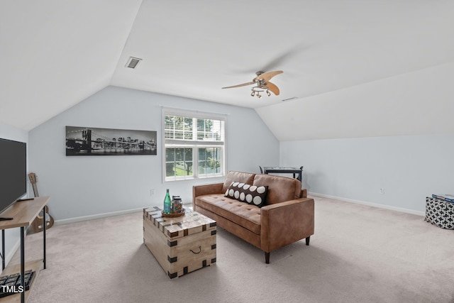 4804 Carmen Ln, Durham, NC 27707 - living area with vaulted ceiling, light carpet, and a ceiling fan