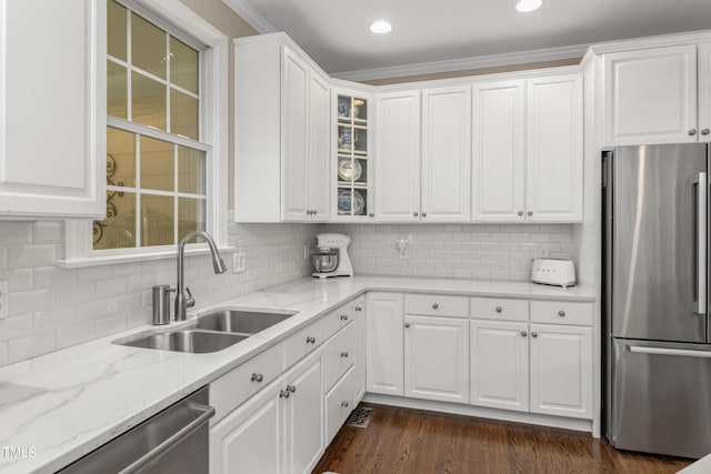 603 Edburton Ct, Hillsborough, NC 27278 - kitchen featuring appliances with stainless steel finishes, glass insert cabinets, white cabinetry, backsplash, and recessed lighting