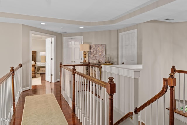 603 Edburton Ct, Hillsborough, NC 27278 - hall featuring an upstairs landing, dark wood-type flooring, and recessed lighting