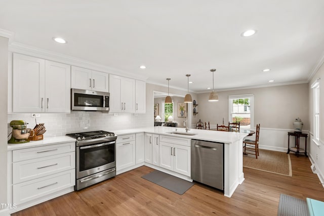 433 Rosehaven Dr, Raleigh, NC 27609 - kitchen with appliances with stainless steel finishes, a peninsula, plenty of natural light, light countertops, and ornamental molding