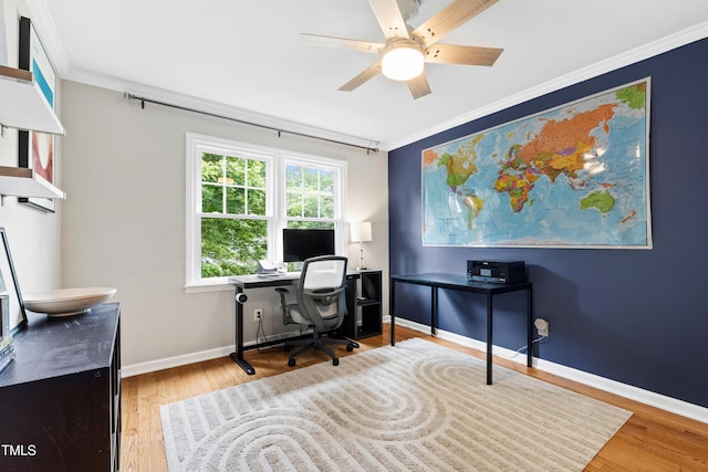 433 Rosehaven Dr, Raleigh, NC 27609 - office area featuring ornamental molding, wood finished floors, and ceiling fan