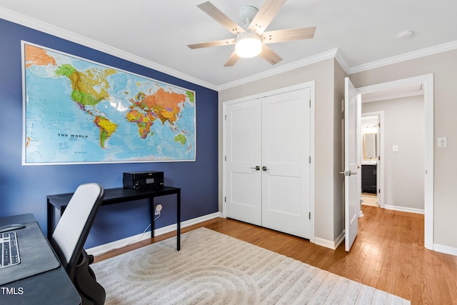 433 Rosehaven Dr, Raleigh, NC 27609 - office with wood finished floors, ceiling fan, and ornamental molding