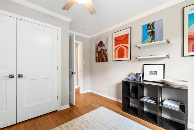 433 Rosehaven Dr, Raleigh, NC 27609 - bedroom with wood finished floors, crown molding, and ceiling fan