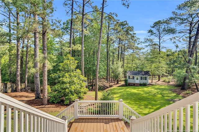 6558 Countryside Dr, Fayetteville, NC 28311 - wooden terrace featuring a yard and an outbuilding