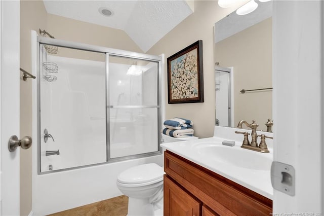 6558 Countryside Dr, Fayetteville, NC 28311 - bathroom with vanity, toilet, lofted ceiling, enclosed tub / shower combo, and tile patterned floors