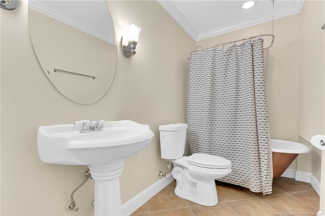 6558 Countryside Dr, Fayetteville, NC 28311 - full bathroom with ornamental molding, baseboards, toilet, tile patterned flooring, and curtained shower