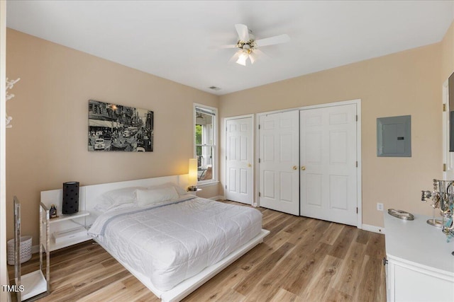 800 Savannah Ridge Rd Unit 109, Holly Springs, NC 27540 - bedroom featuring electric panel, light wood-style flooring, two closets, and a ceiling fan