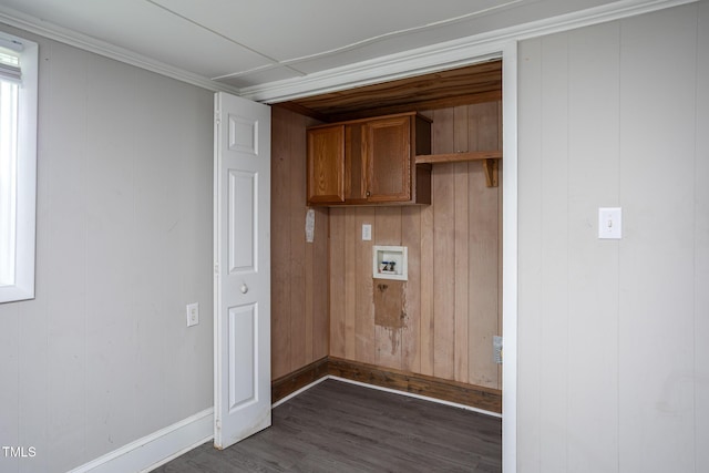 306 W Main St, Pine Level, NC 27568 - washroom featuring dark wood-type flooring, baseboards, washer hookup, and wooden walls
