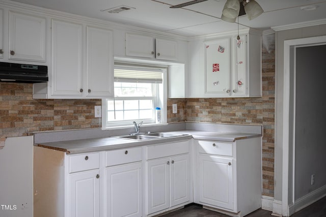 306 W Main St, Pine Level, NC 27568 - kitchen with a sink, ceiling fan, white cabinetry, decorative backsplash, and ornamental molding