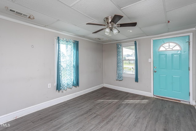 306 W Main St, Pine Level, NC 27568 - foyer featuring a ceiling fan, wood finished floors, a paneled ceiling, baseboards, and crown molding