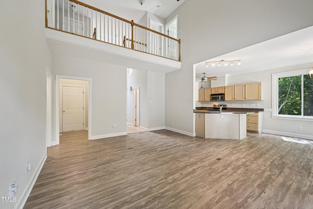 316 Trafalgar Ln, Cary, NC 27513 - unfurnished living room featuring a high ceiling, wood finished floors, and a ceiling fan