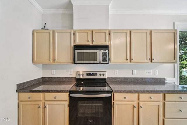 316 Trafalgar Ln, Cary, NC 27513 - kitchen featuring appliances with stainless steel finishes, crown molding, light brown cabinets, and dark stone countertops