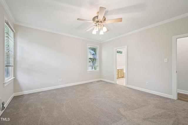 316 Trafalgar Ln, Cary, NC 27513 - unfurnished bedroom with crown molding, carpet flooring, ensuite bath, and a ceiling fan