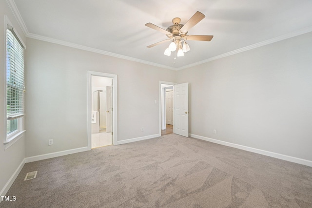 316 Trafalgar Ln, Cary, NC 27513 - unfurnished bedroom with crown molding, carpet, connected bathroom, and a ceiling fan