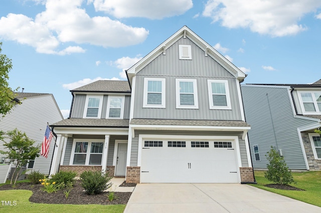 478 Curling Creek Dr, Clayton, NC 27527 - view of front of property with board and batten siding, brick siding, concrete driveway, covered porch, and a shingled roof