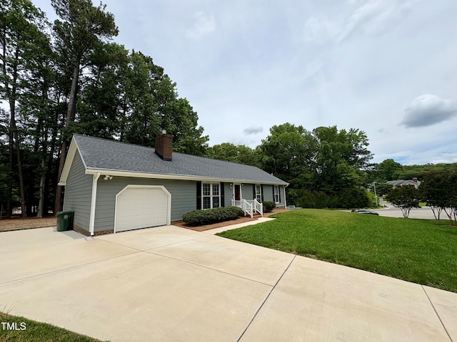 100 Honeysuckle Ln, Cary, NC 27513 - ranch-style home featuring a garage, driveway, a front lawn, a chimney, and roof with shingles