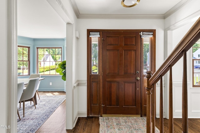 16 Cedar Hill Dr, Durham, NC 27713 - foyer with dark wood-type flooring, ornamental molding, and stairway