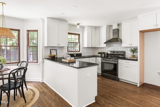 16 Cedar Hill Dr, Durham, NC 27713 - kitchen with stainless steel electric range oven, wall chimney exhaust hood, dark countertops, a peninsula, and white cabinets