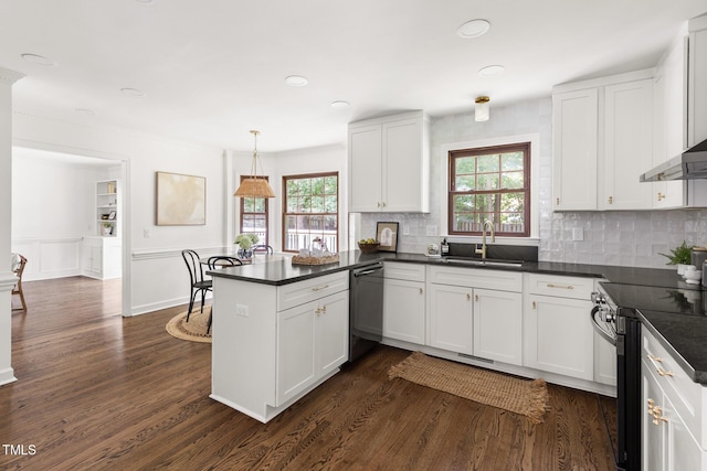 16 Cedar Hill Dr, Durham, NC 27713 - kitchen featuring black / electric stove, dishwasher, a peninsula, white cabinetry, and tasteful backsplash