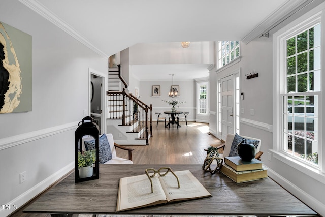 12 Gatesway Ct, Durham, NC 27707 - foyer featuring a chandelier, stairs, ornamental molding, and wood finished floors
