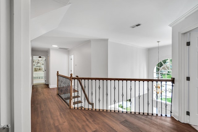 12 Gatesway Ct, Durham, NC 27707 - corridor featuring wood finished floors, an upstairs landing, and ornamental molding