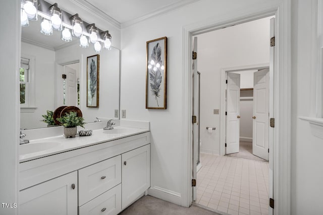 12 Gatesway Ct, Durham, NC 27707 - bathroom featuring double vanity, ornamental molding, tile patterned flooring, and a shower