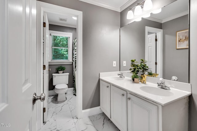 12 Gatesway Ct, Durham, NC 27707 - full bathroom featuring double vanity, ornamental molding, and marble look tiles