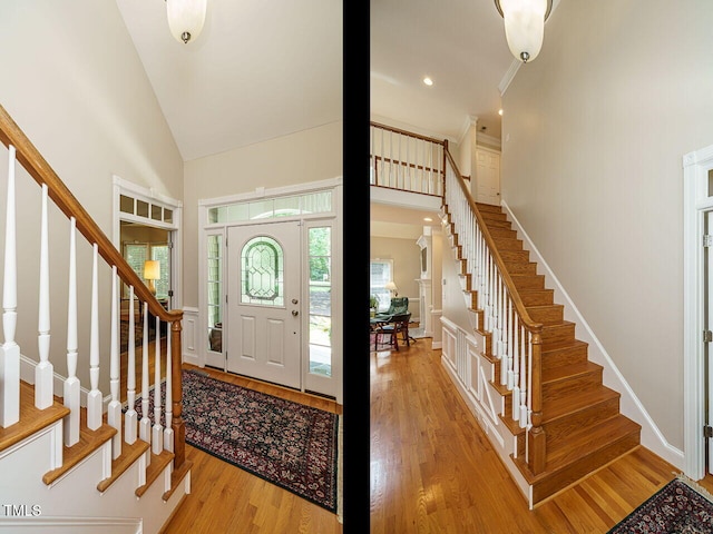 8504 Carlton Oaks Dr, Wake Forest, NC 27587 - entryway featuring stairs, a high ceiling, and light wood-type flooring