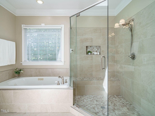 8504 Carlton Oaks Dr, Wake Forest, NC 27587 - full bath featuring ornamental molding, a garden tub, and a shower stall