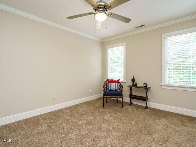 8504 Carlton Oaks Dr, Wake Forest, NC 27587 - living area featuring ornamental molding, light carpet, and ceiling fan