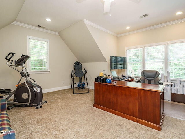 8504 Carlton Oaks Dr, Wake Forest, NC 27587 - office area featuring plenty of natural light, light carpet, vaulted ceiling, a ceiling fan, and ornamental molding
