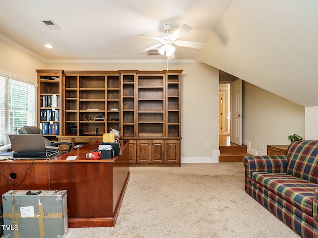 8504 Carlton Oaks Dr, Wake Forest, NC 27587 - office with ceiling fan, carpet floors, crown molding, and lofted ceiling