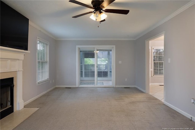 6529 Jacobs Creek Cir, Fayetteville, NC 28306 - unfurnished living room with crown molding, light colored carpet, a fireplace with flush hearth, healthy amount of natural light, and a ceiling fan