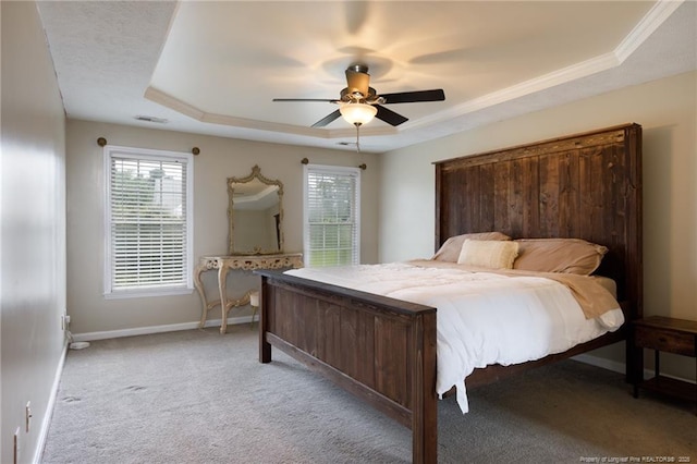 6529 Jacobs Creek Cir, Fayetteville, NC 28306 - bedroom with a raised ceiling, baseboards, light carpet, and ceiling fan