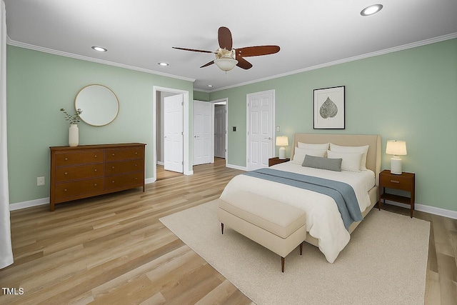 5561 Roan Mountain Pl, Raleigh, NC 27613 - bedroom featuring ornamental molding, recessed lighting, light wood-style flooring, and ceiling fan