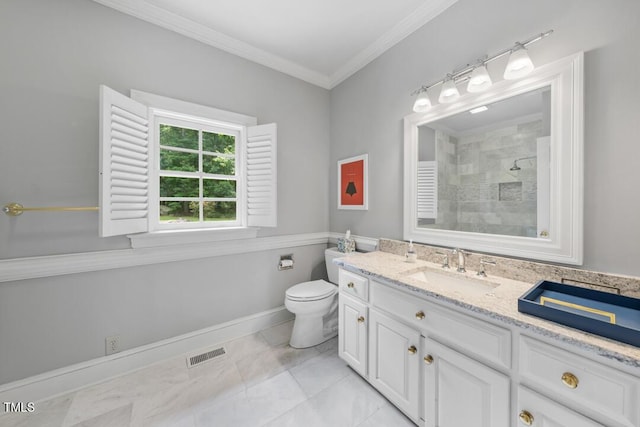 305 Lochridge Dr, Roxboro, NC 27573 - bathroom with ornamental molding, tiled shower, and vanity