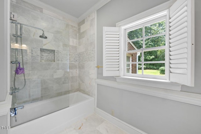 305 Lochridge Dr, Roxboro, NC 27573 - bathroom with crown molding, shower / bathtub combination, healthy amount of natural light, and marble finish flooring