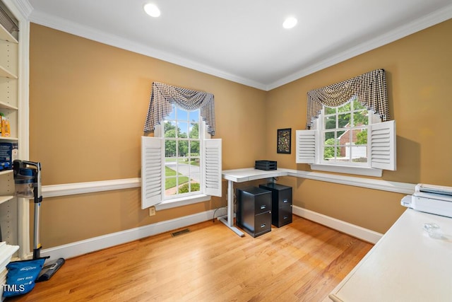305 Lochridge Dr, Roxboro, NC 27573 - unfurnished office with crown molding, light wood-style floors, and recessed lighting