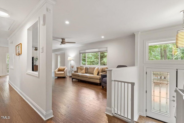 6609 Hunters Ln, Durham, NC 27713 - living area with ornamental molding, hardwood / wood-style floors, ceiling fan, recessed lighting, and attic access