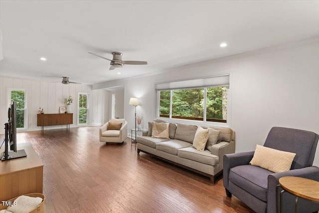 6609 Hunters Ln, Durham, NC 27713 - living room with ceiling fan, ornamental molding, wood finished floors, and recessed lighting