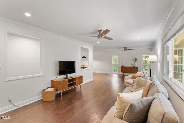 6609 Hunters Ln, Durham, NC 27713 - living room featuring ornamental molding, ceiling fan, wood finished floors, and recessed lighting