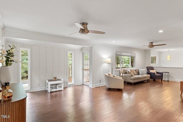 6609 Hunters Ln, Durham, NC 27713 - living area featuring ceiling fan, plenty of natural light, hardwood / wood-style floors, ornamental molding, and recessed lighting